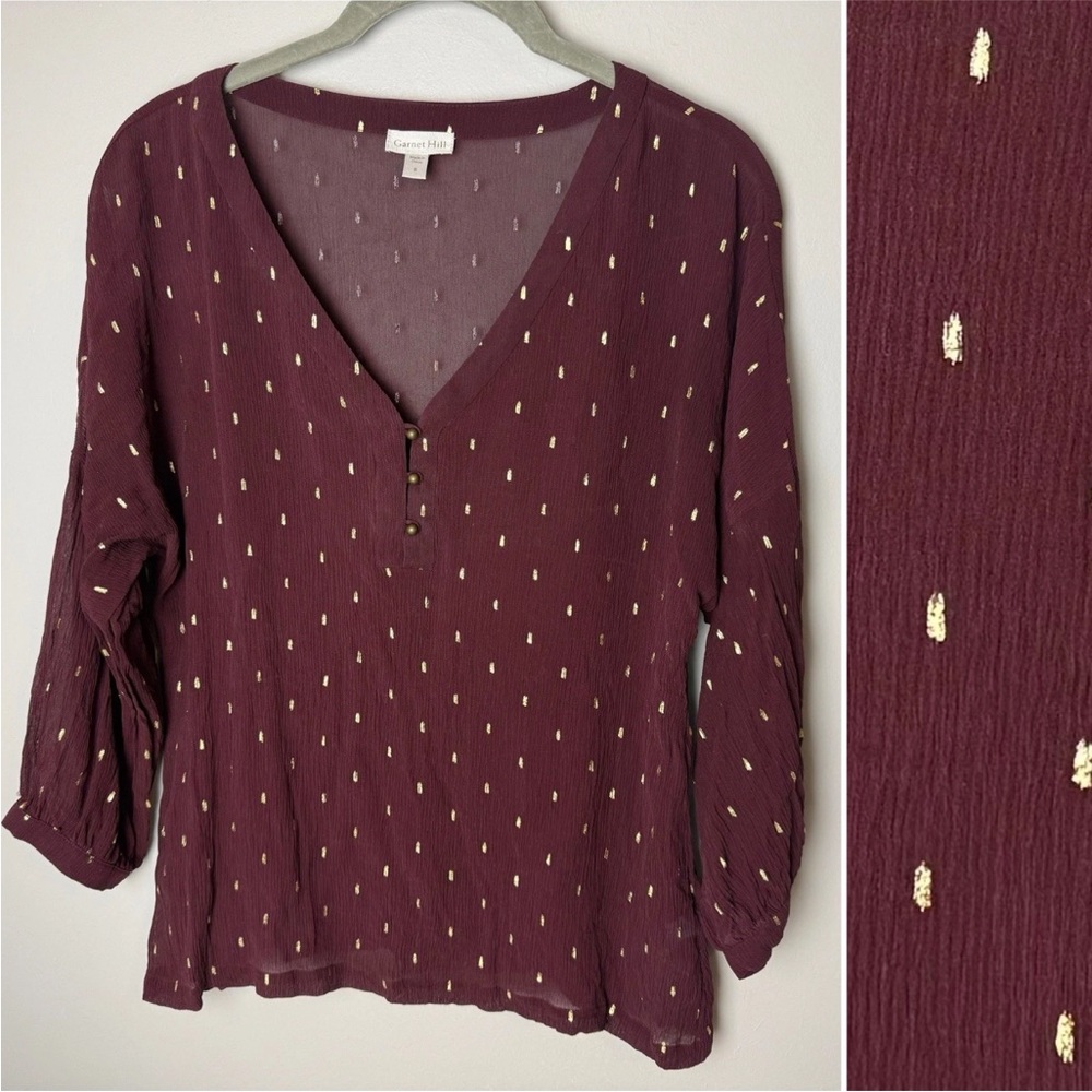 Garnet Hill Blouse Size 6 Top 3/4 Sleeves Silk Maroon Gold V-Neck Lightweight